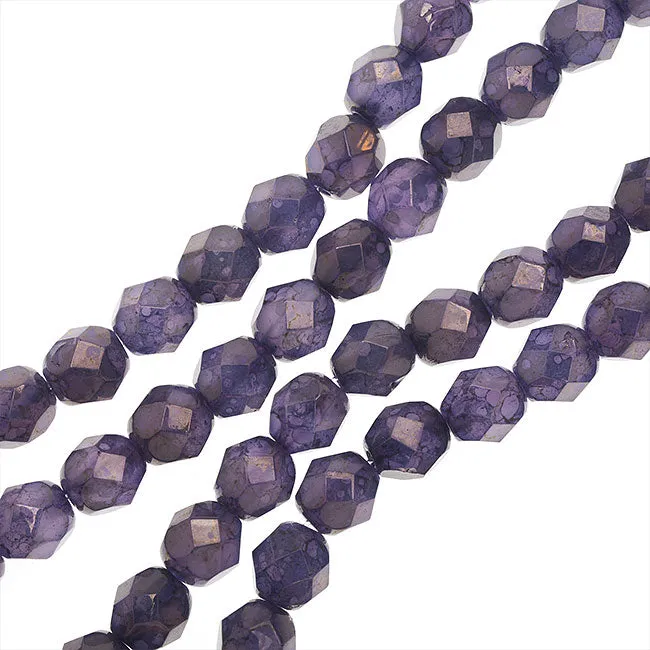 Czech Fire Polished Glass, 6mm Faceted Round Beads, Milky Alexandrite Moon Dust (25 Piece Strand)