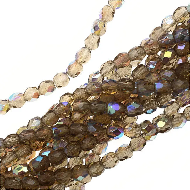 Czech Fire Polished Glass Beads 3mm Round Smoke Topaz AB (50 pcs)