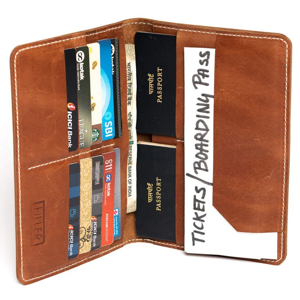 HILLER LEATHER FAMILY PASSPORT HOLDER/BUSINESS CARD HOLDER/MONEY PURSE FOR MEN AND WOMEN (Brown)