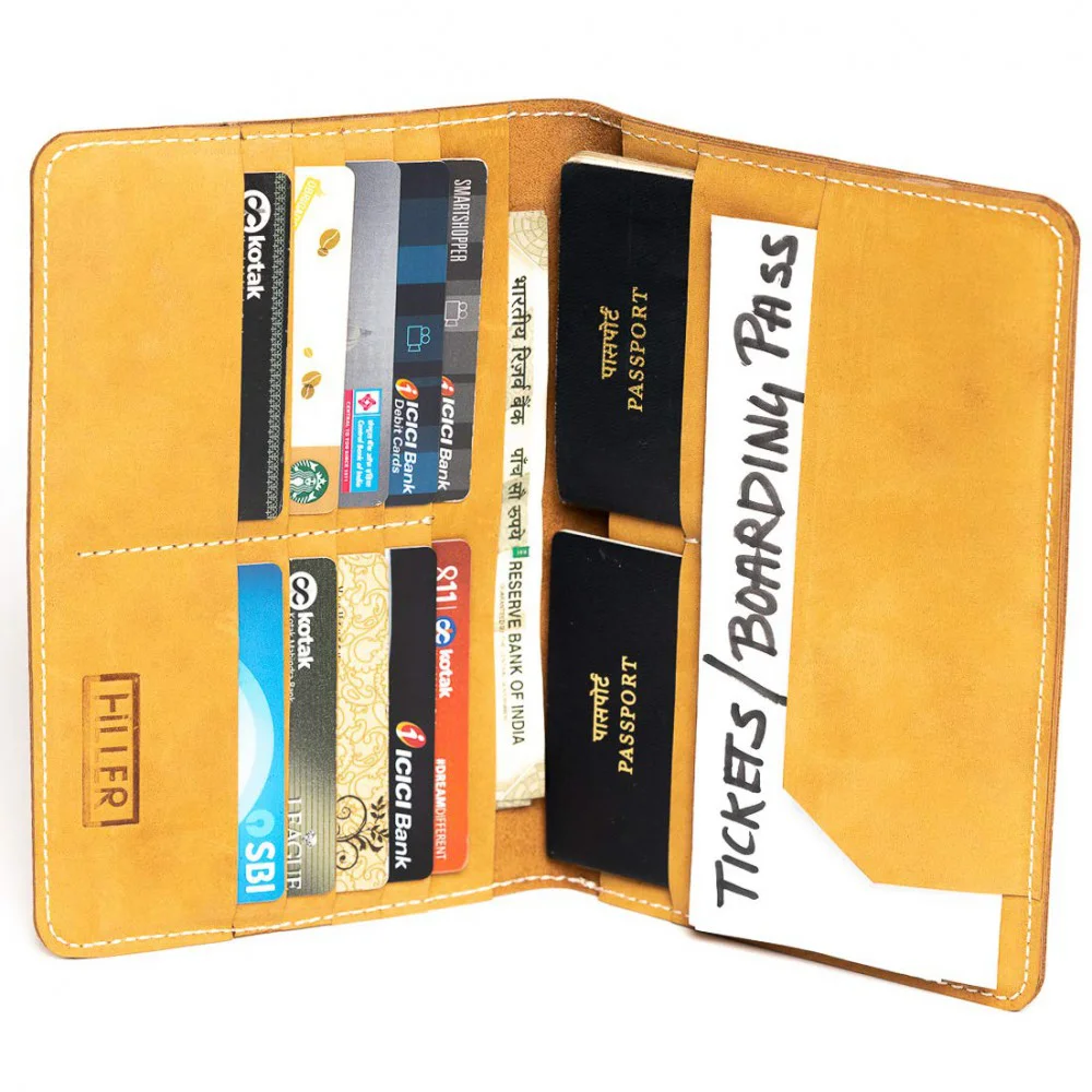 HILLER LEATHER FAMILY PASSPORT HOLDER/BUSINESS CARD HOLDER/MONEY PURSE FOR MEN AND WOMEN (Tan)