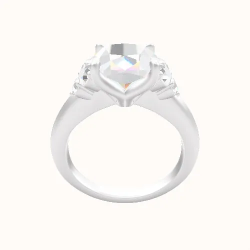 Knife Edge Band with Round Sidestone Trio Engagement Ring With Petal Four Prong Head