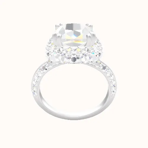 Knife Edge Double Row Pave Engagement Ring With Double Prong Waterfall Halo Head