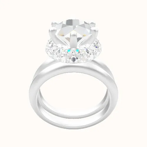 Knife Edge Engagement Ring With Six Prong Waterfall Halo Head and Matching Band