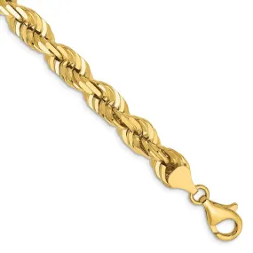 Men's 7mm, 14k Yellow Gold, Diamond Cut Rope Chain Bracelet, 9 Inch