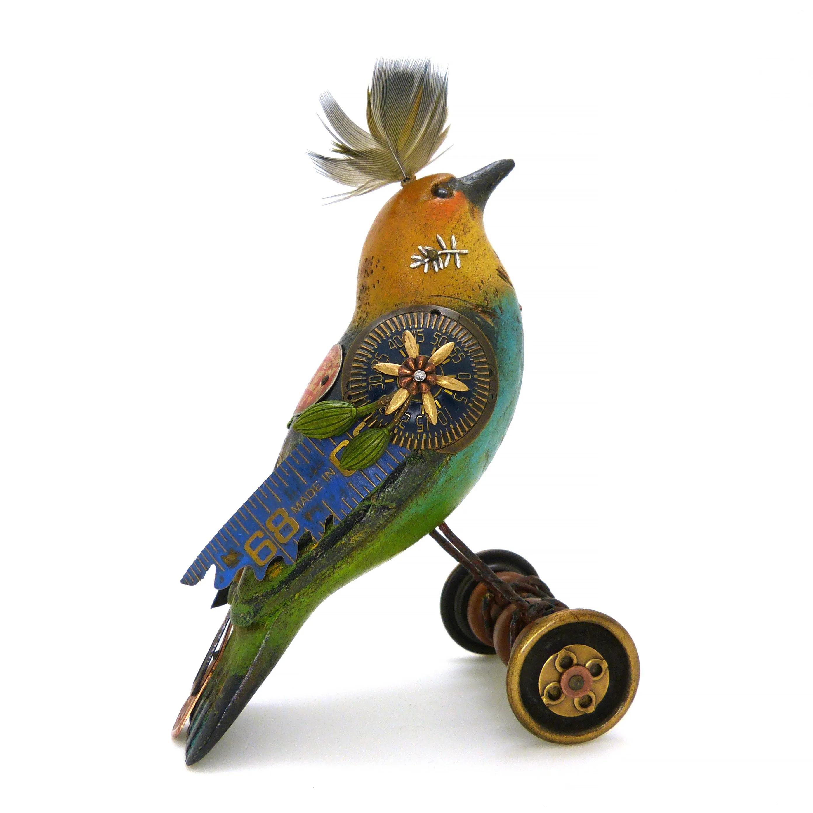 Mullanium Blue Yellow Green Bird on Wheels Artists Jim Tori Mullan Steampunk Handmade