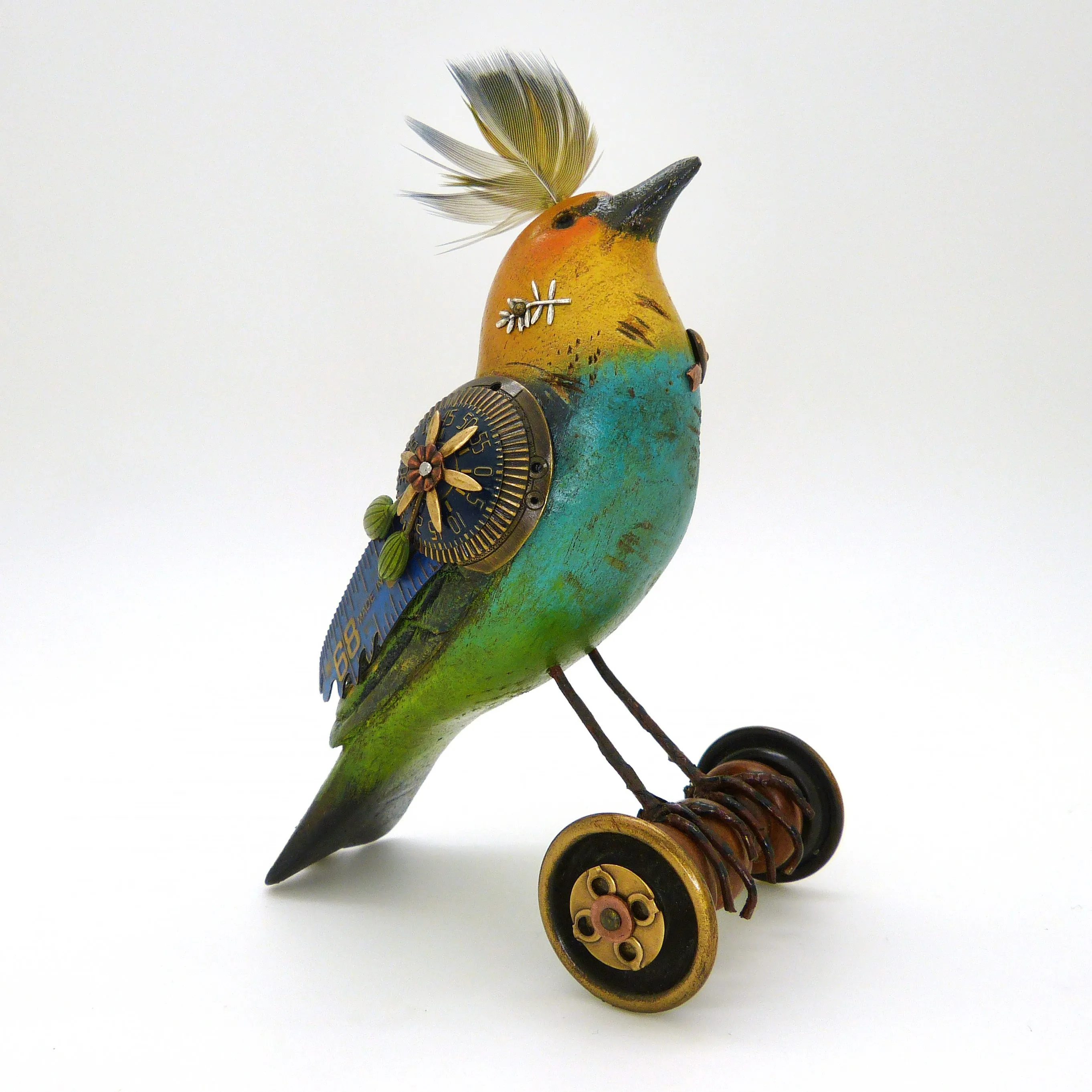 Mullanium Blue Yellow Green Bird on Wheels Artists Jim Tori Mullan Steampunk Handmade