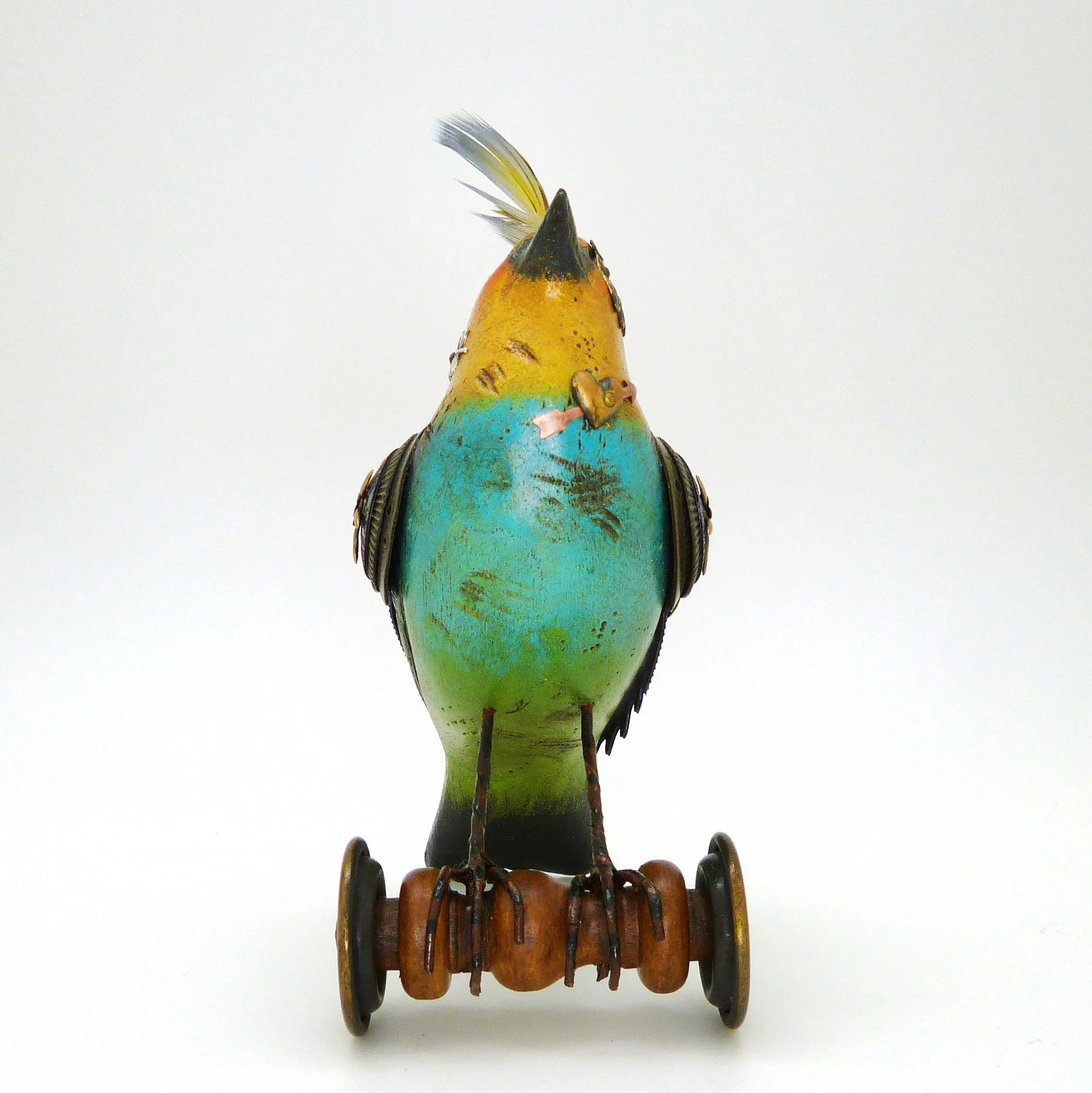 Mullanium Blue Yellow Green Bird on Wheels Artists Jim Tori Mullan Steampunk Handmade