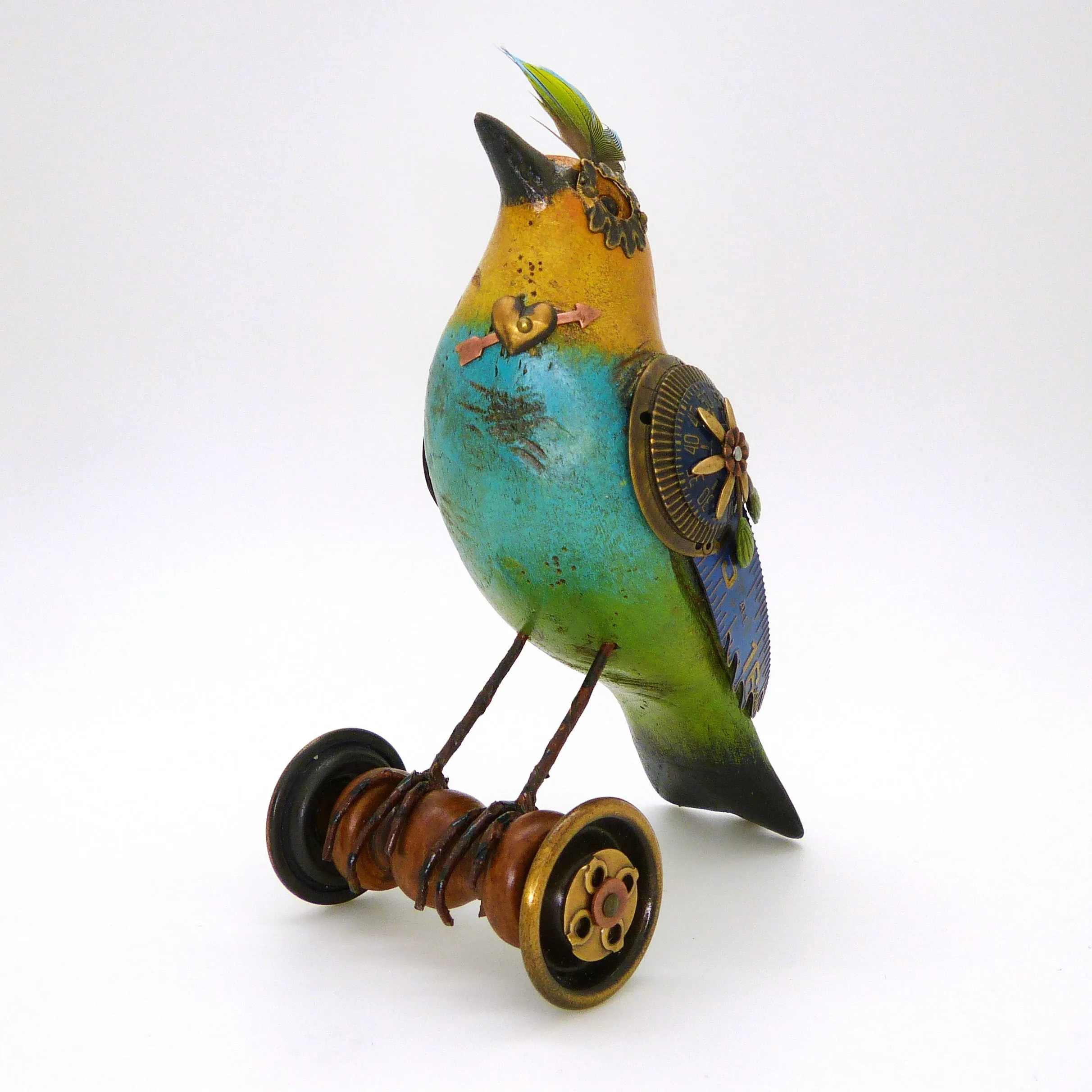 Mullanium Blue Yellow Green Bird on Wheels Artists Jim Tori Mullan Steampunk Handmade