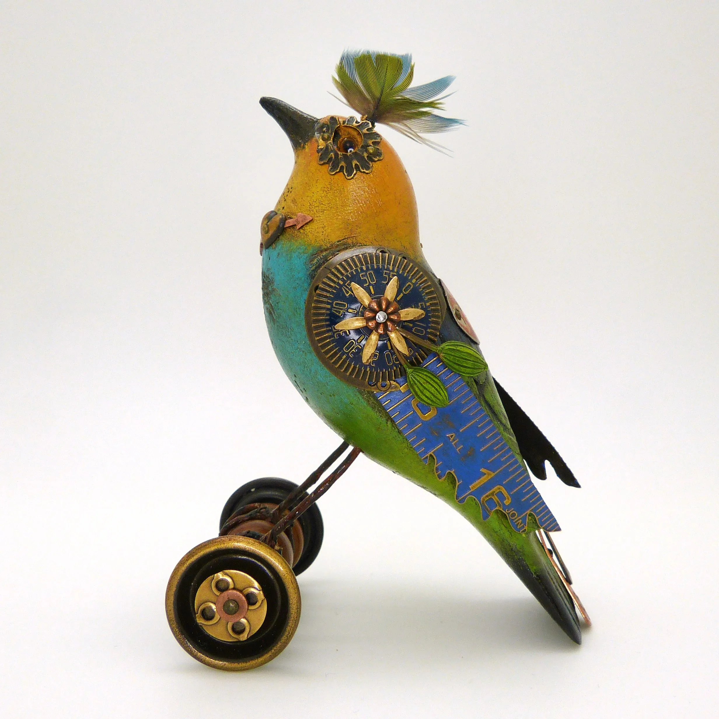 Mullanium Blue Yellow Green Bird on Wheels Artists Jim Tori Mullan Steampunk Handmade