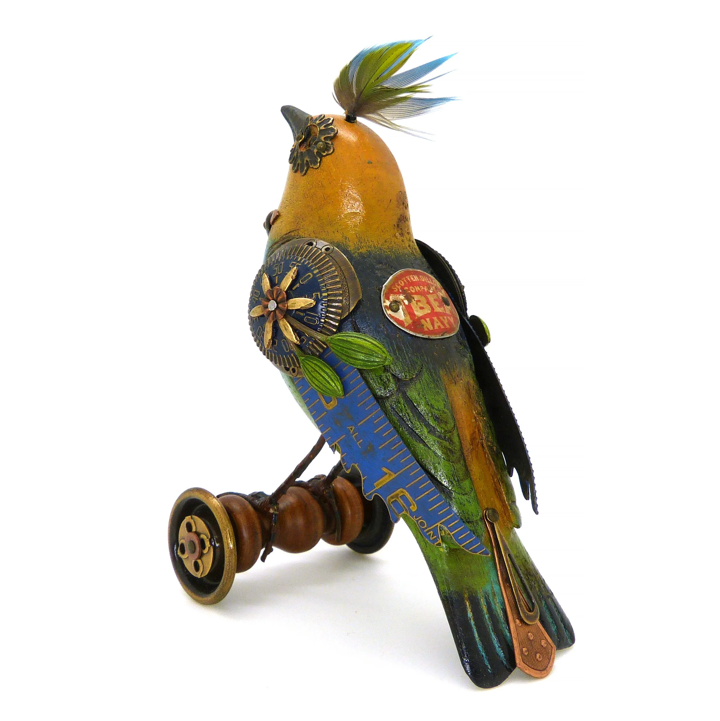 Mullanium Blue Yellow Green Bird on Wheels Artists Jim Tori Mullan Steampunk Handmade