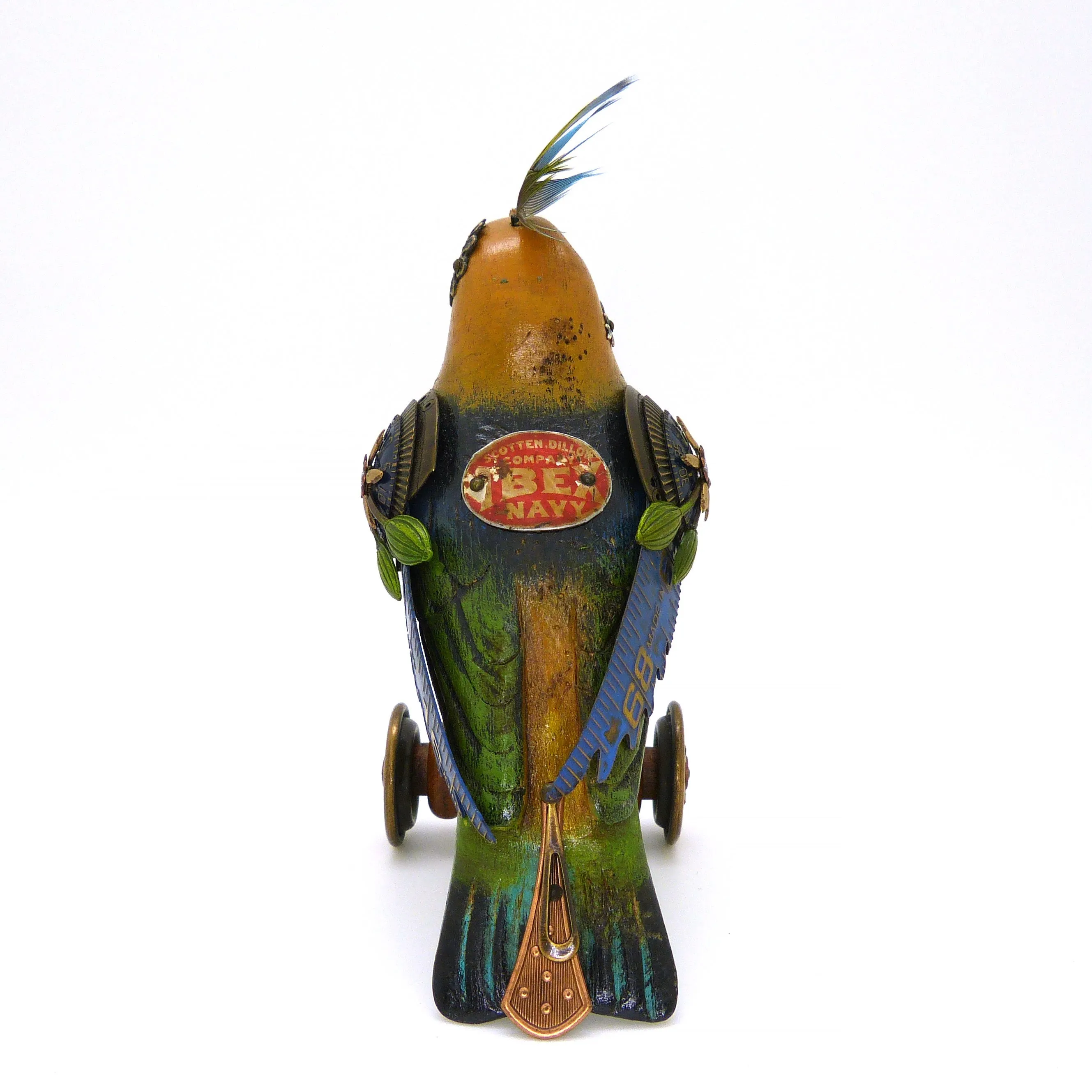 Mullanium Blue Yellow Green Bird on Wheels Artists Jim Tori Mullan Steampunk Handmade