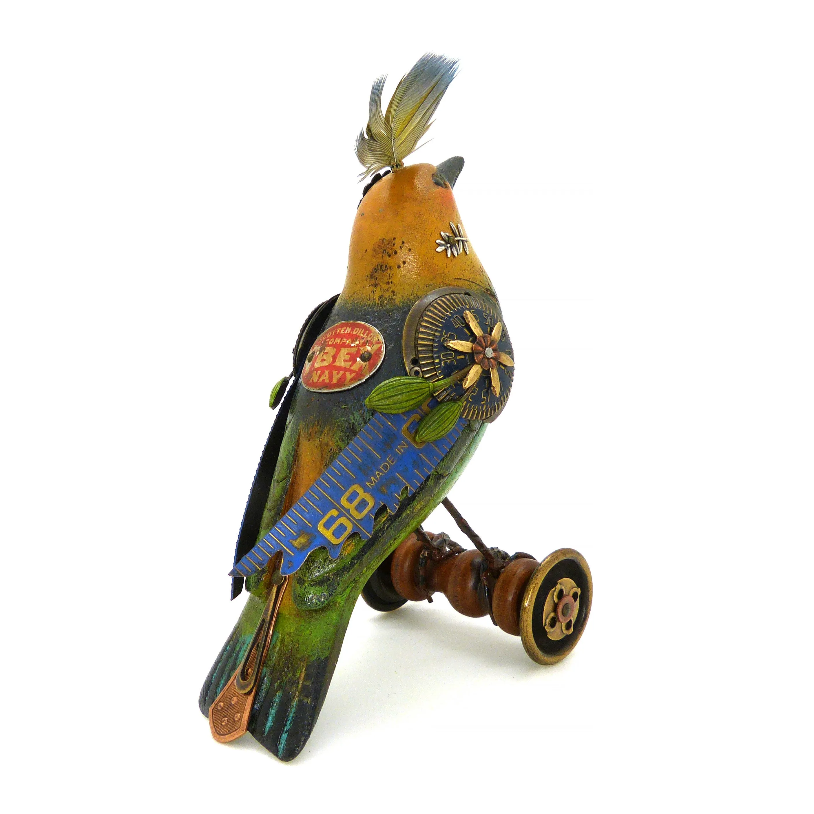 Mullanium Blue Yellow Green Bird on Wheels Artists Jim Tori Mullan Steampunk Handmade