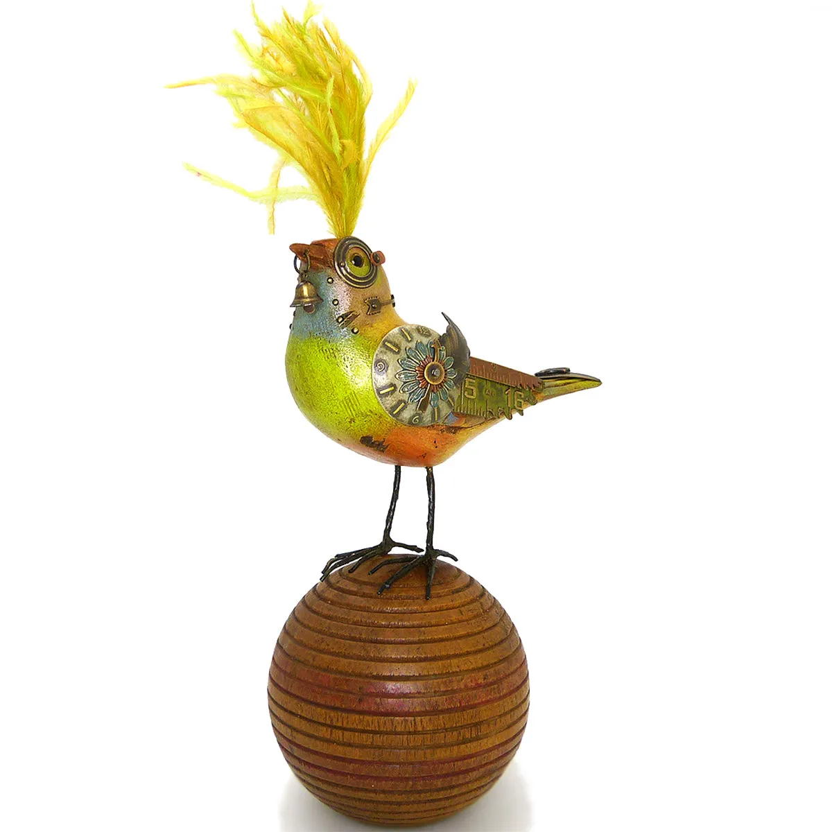 Mullanium Creek Warbler Bird on Ball Artists Jim Tori Mullan Steampunk Handmade