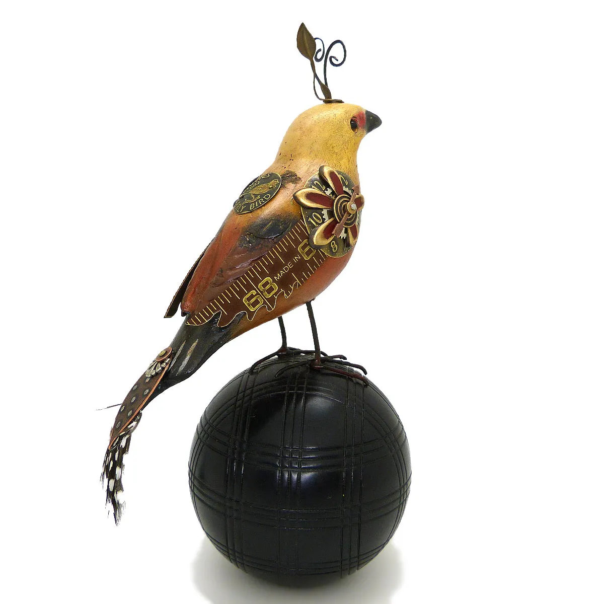 Mullanium Roufus Backed Finch Bird on Croquet Ball Artists Jim Tori Mullan Steampunk Handmade