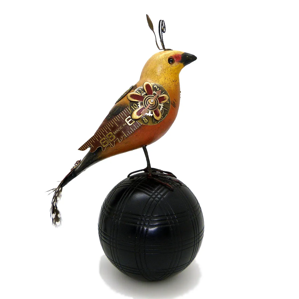 Mullanium Roufus Backed Finch Bird on Croquet Ball Artists Jim Tori Mullan Steampunk Handmade