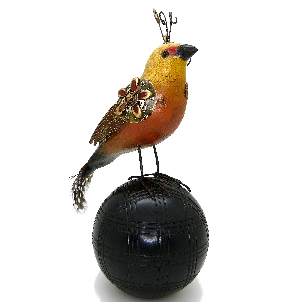 Mullanium Roufus Backed Finch Bird on Croquet Ball Artists Jim Tori Mullan Steampunk Handmade