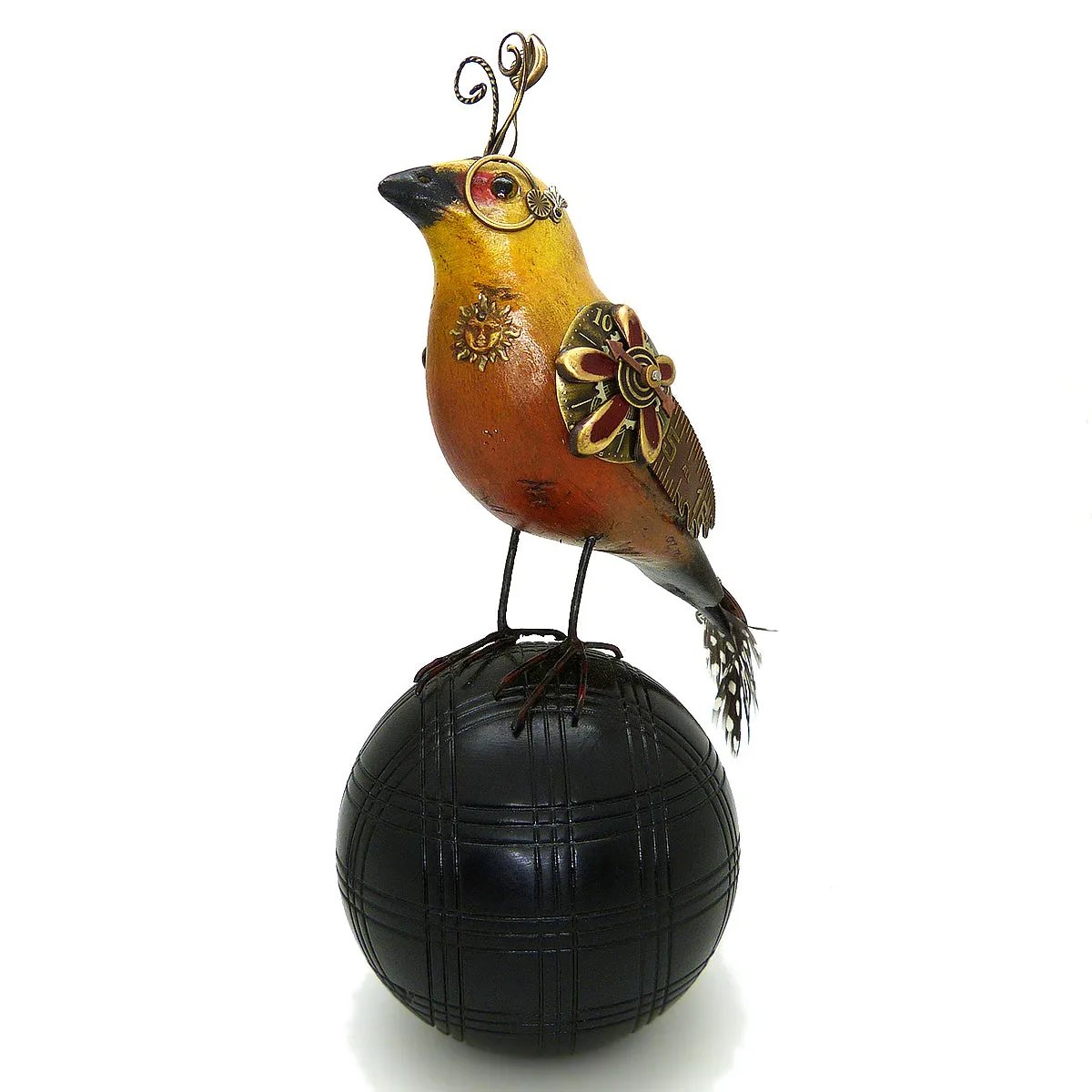 Mullanium Roufus Backed Finch Bird on Croquet Ball Artists Jim Tori Mullan Steampunk Handmade