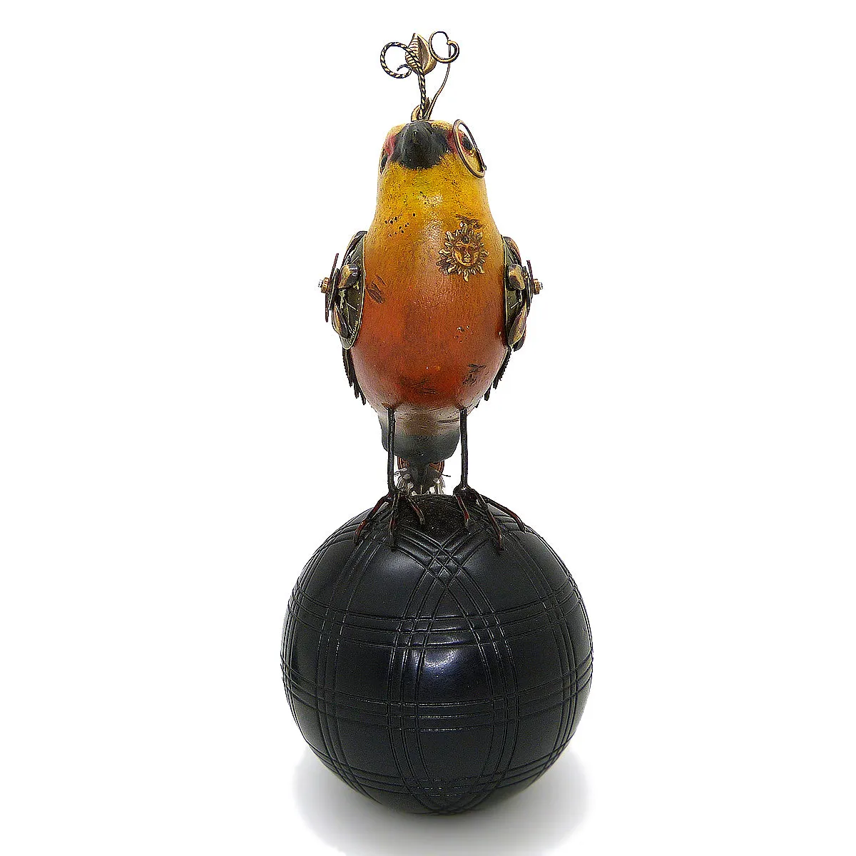 Mullanium Roufus Backed Finch Bird on Croquet Ball Artists Jim Tori Mullan Steampunk Handmade