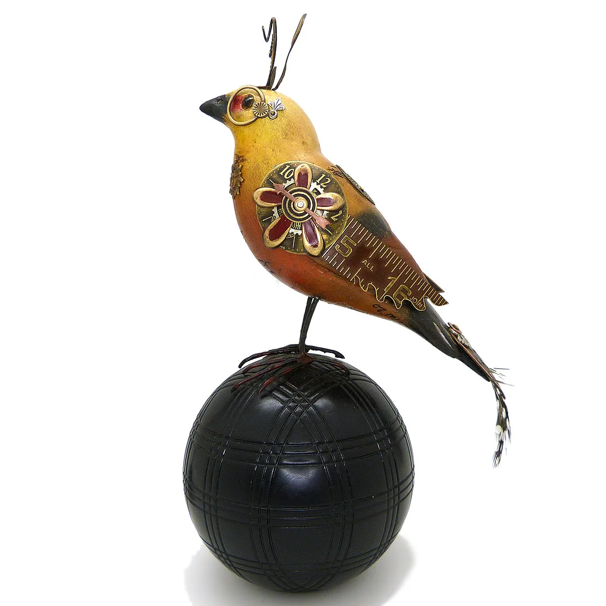 Mullanium Roufus Backed Finch Bird on Croquet Ball Artists Jim Tori Mullan Steampunk Handmade