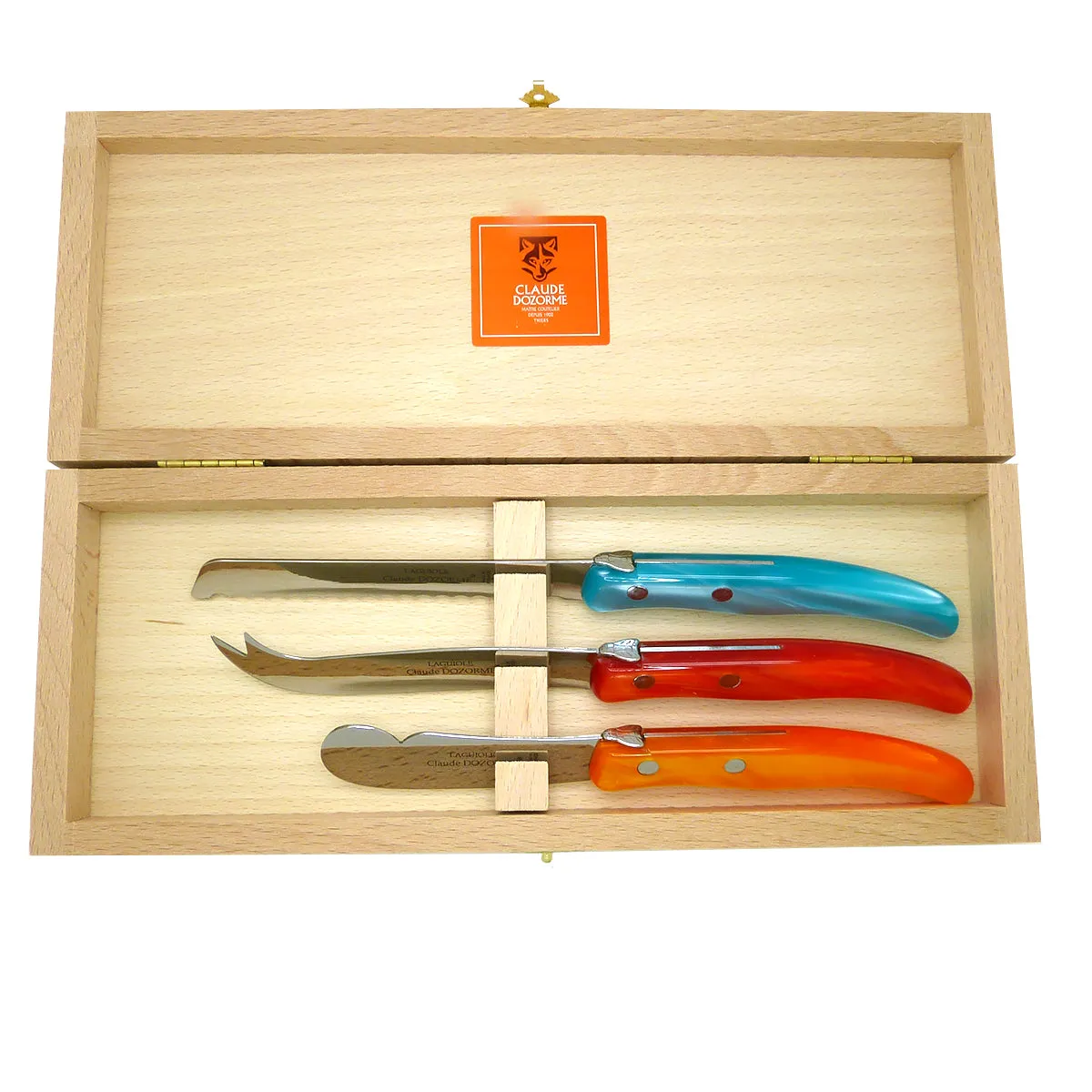 NEW Claude Dozorme Three Piece Laguiole Knife Gift Set Red Green Orange