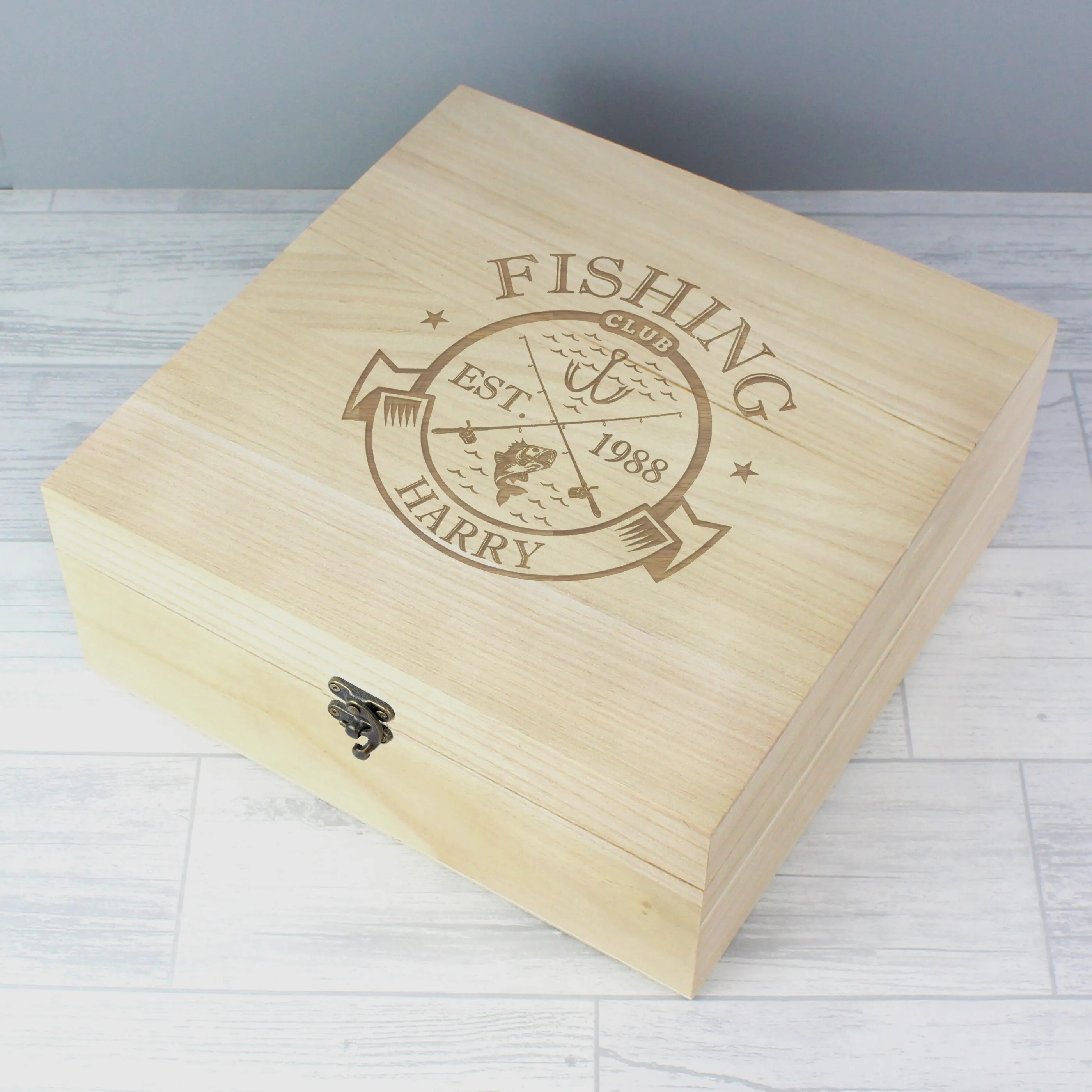 Personalised Fishing Club Wooden Keepsake Box