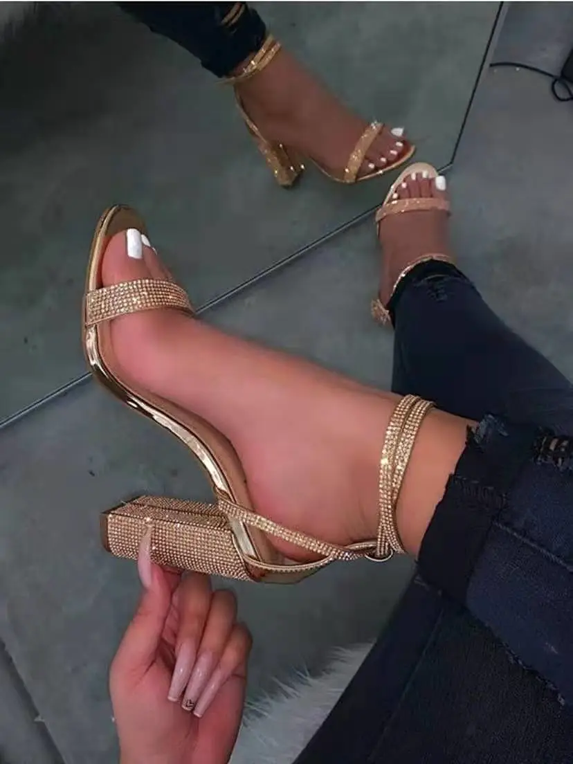 Rhinestone Chunky Heels High-heeled Ankle Strap Sandals