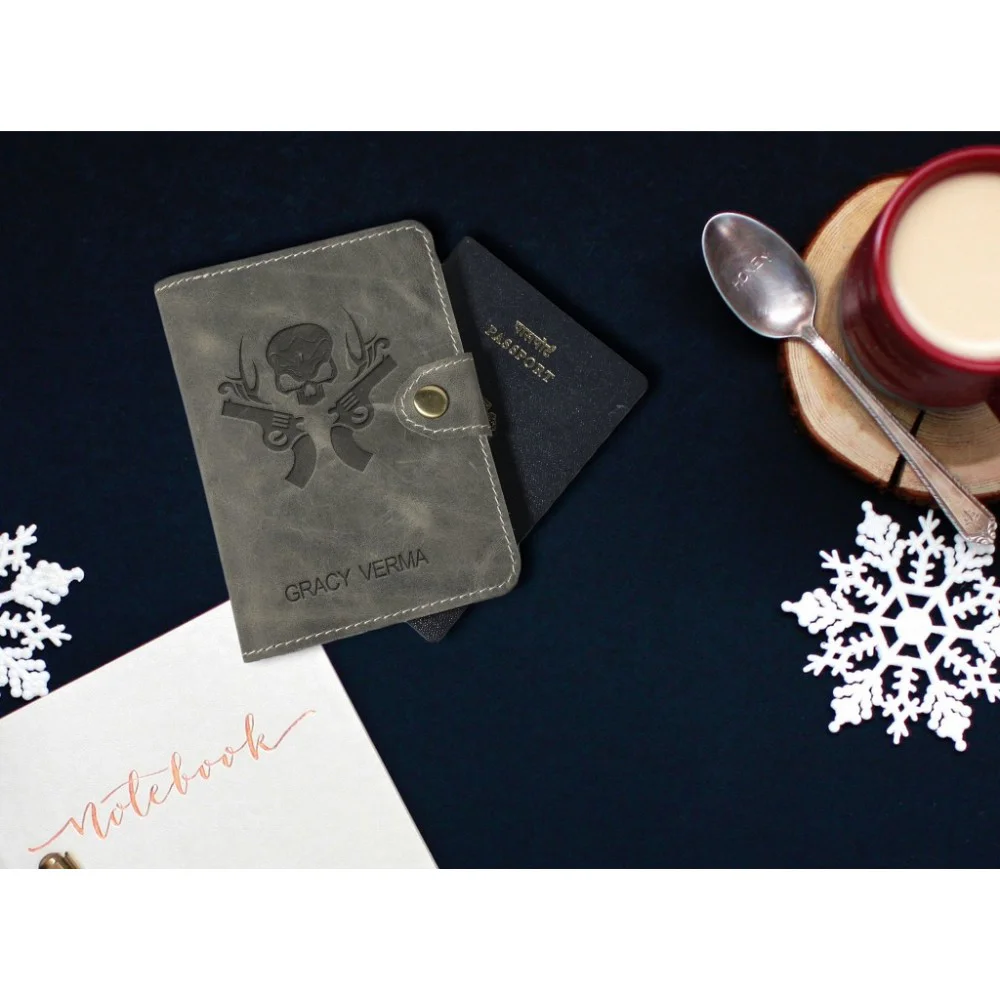 Skull gun Design Leather Personalized Passport Cover