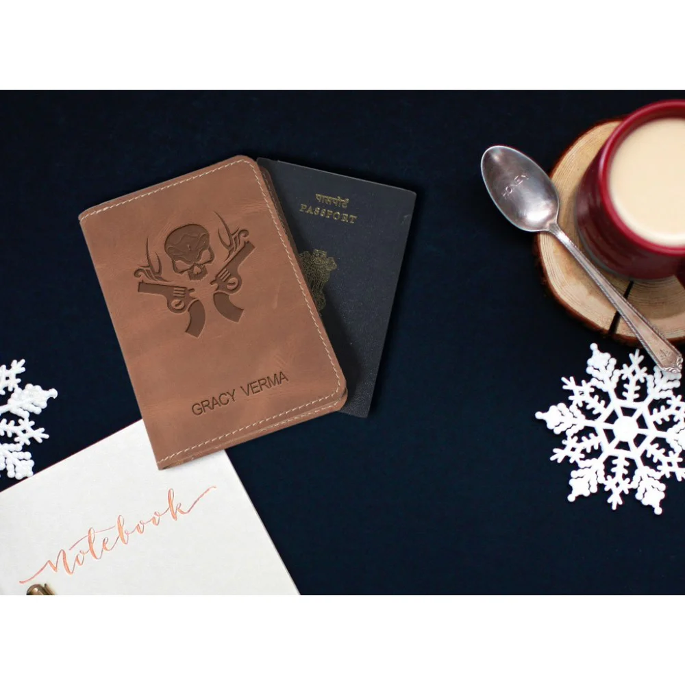 Skull gun Design Leather Personalized Passport Cover