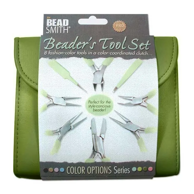 The Beadsmith 8 Piece Plier & Tweezer Set Olive Green Jeweler's Tool Kit With Travel Case